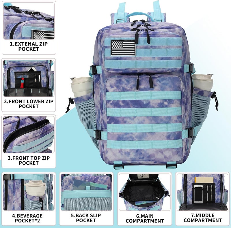Lovelinks21 45L Tactical Assault Backpack 3 day assault pack with Molle Waterproof backpack Rucksack for Tactical Backpacks (Blue Tie-Dye) - Image 2